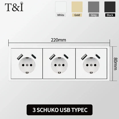 Europäische Wandsteckdose, EU-Steckdose, USB-Typ-C-Ladeanschlüsse, 1/2-Gang-Lichtschalter, 16 A 250 V, Unterputzmontage, weißes Panel, 80 x 80 mm.