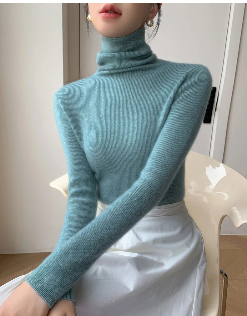 2025 herbst Winter Rollkragen Warme Jumper Lässig Feste Dünne Strickjacke Frauen Langarm Gestrickte Pullover Einfache Basis Schicht Top