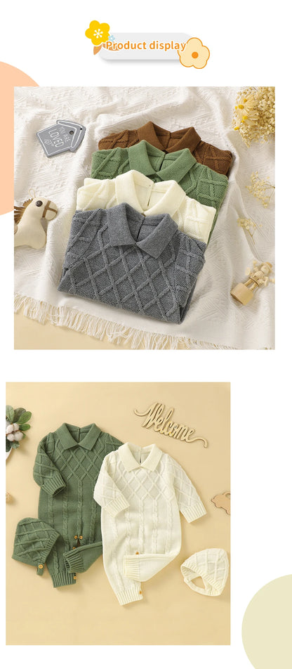 White Baby Girl Rompers Clothes Winter Long Sleeve Knitted Newborn Infant Boy Jumpsuits Hats Outfits Sets 0-18m Toddler Playsuit