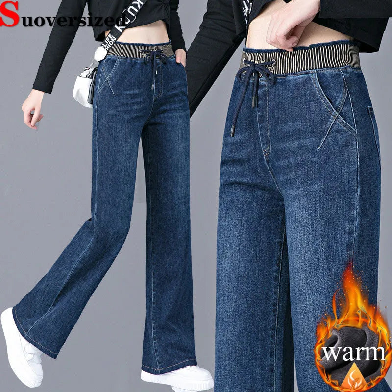 Women Elastic High Waist Straight Jeans Winter Warm Thicken Baggy Velvet Lined Wide Leg Denim Pants Korean Casual Vaqueros New.