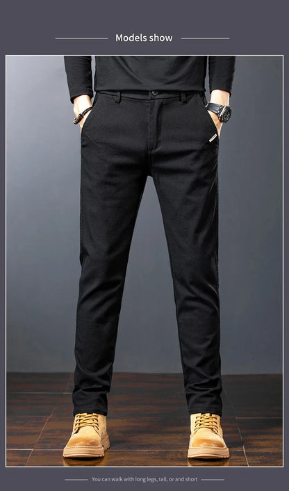 Men's Twill Slim Pants Business Straight Cotton Casual Trousers Brand Fashion Korean Elastic Coffee Black Gray Pant.