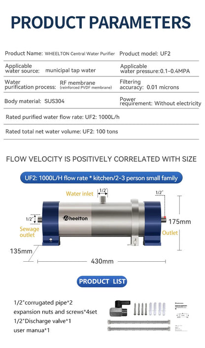 Wheelton whole house high flow water filter purifier 1000L-3000L SUS304 mineral water filter Reusable 0.01um PVDF for 5 years