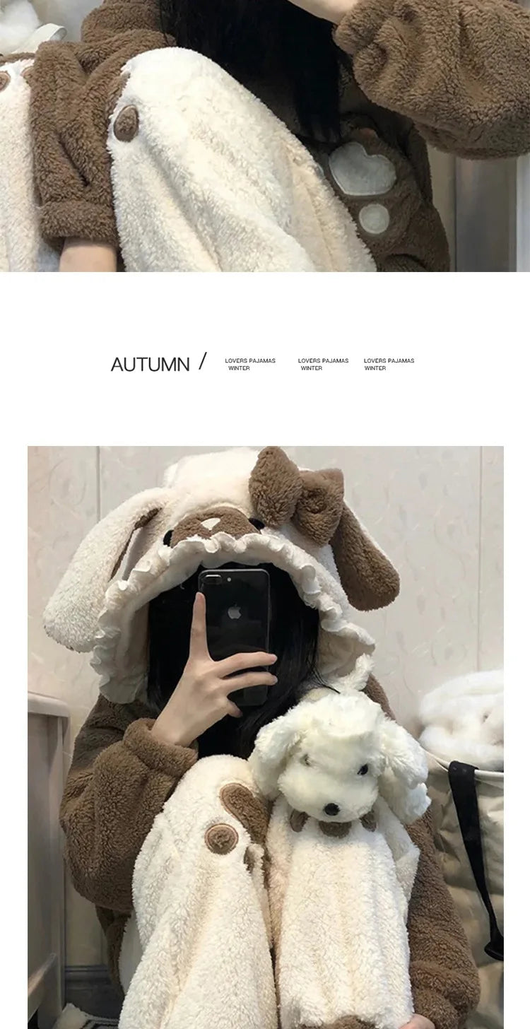 Cute Little Bear Pajamas for Women Thick Warm Fleece Home Wear Set Autumn Nightgown Girls 2025 New Winter Nightclothes 2Pcs.