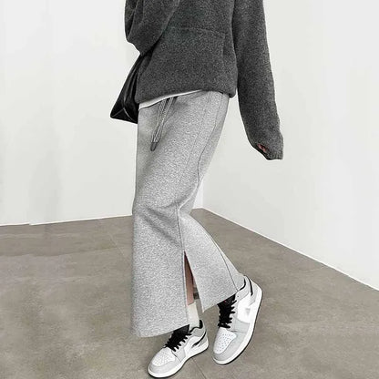 Women's Gray Split Midi Skirts Elasticity Waist Casual Loose Long Skirts Female Autumn Winter Thicken Plus Velvet Straight Skirt.