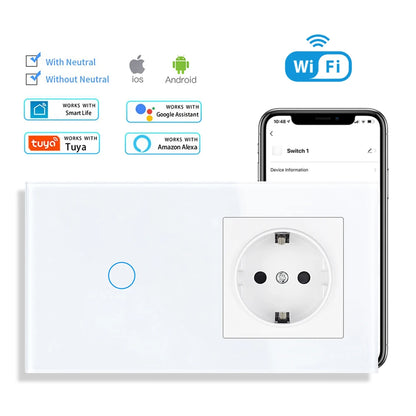SRAN Smart Switch mit Wandsteckdose 16A EU, Tuya Smart Life Home Touch Sensor WiFi Lichtschalter Weiß