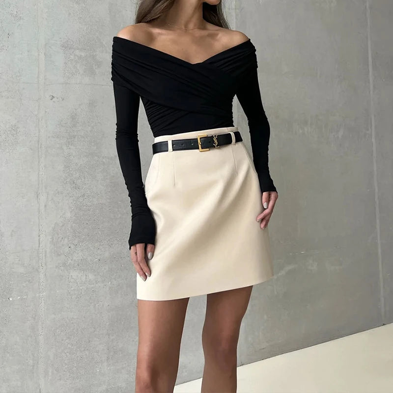 Chic Sexy Criss-cross Pleated Slash Neck Slim Fit Solid Color Basic 2024 Sexy Hot Female Long-sleeves High Waisted Bodysuit Tops.