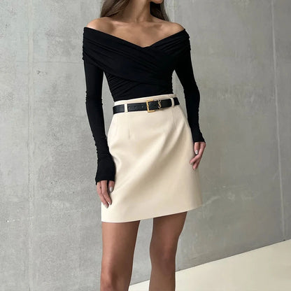 Chic Sexy Criss-cross Pleated Slash Neck Slim Fit Solid Color Basic 2024 Sexy Hot Female Long-sleeves High Waisted Bodysuit Tops.