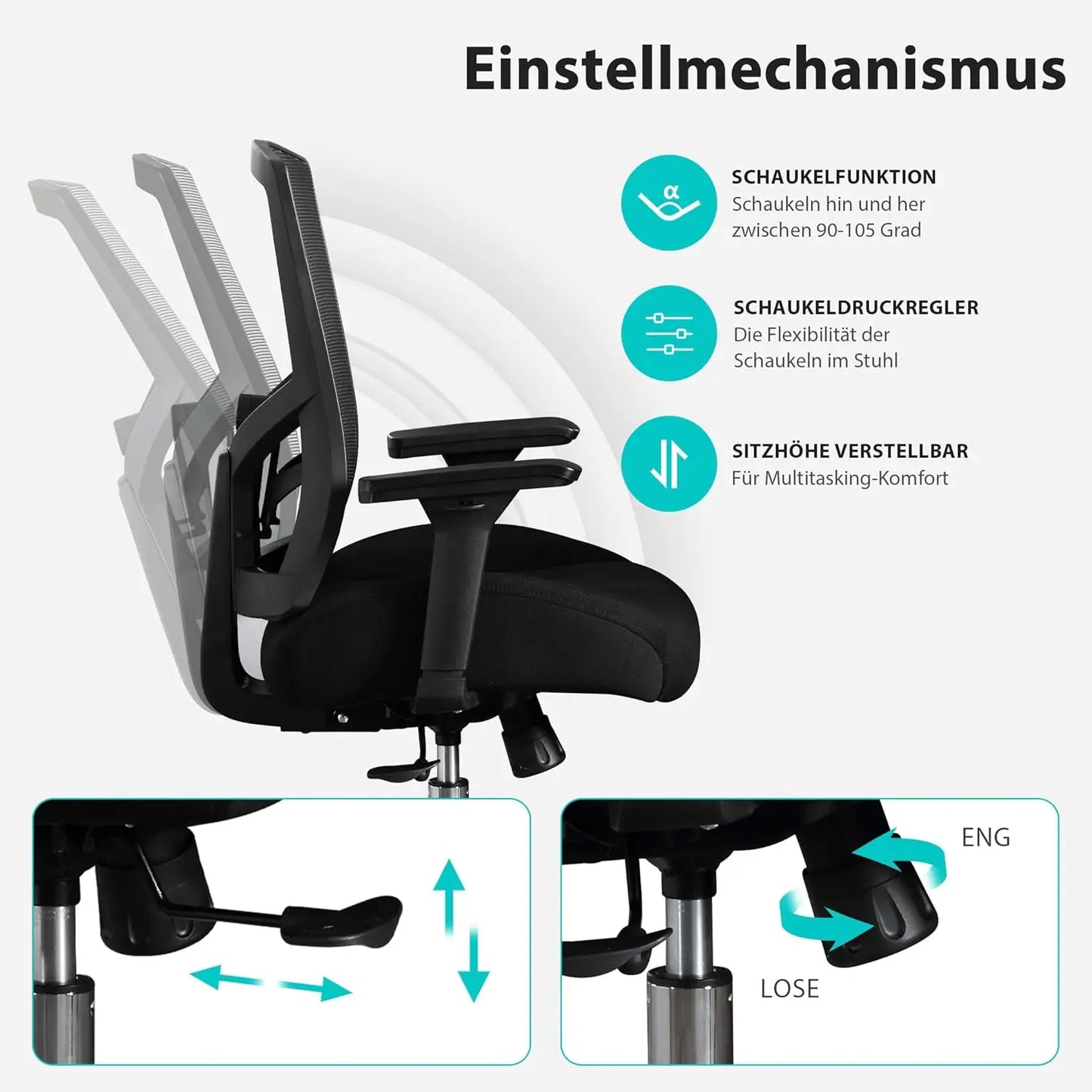 Bürostuhl 200 kg Ergonomischer Schreibtischstuhl mit 4D-Armlehnen, Bürostuhl mit Lendenwirbelstütze und 3D-verstellbarem, Wippfunkti