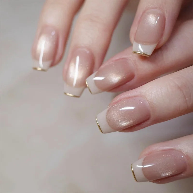 24Pcs Short False Nails with Shimmery Powder Ballet Nail Art Full Cover French Sheer Wearable Nail Manicure Tips for Girls Daily.