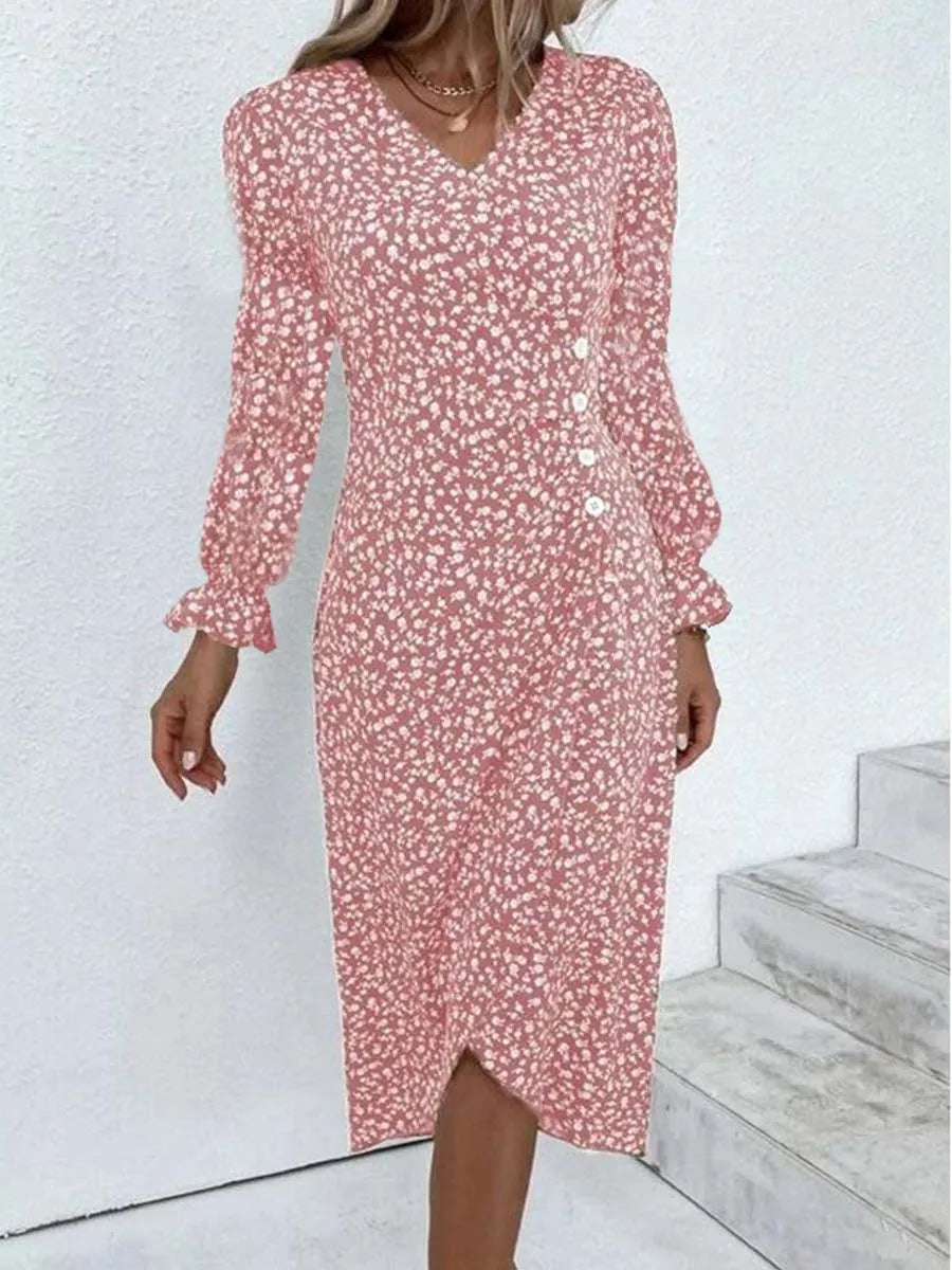 Frühling Floral Bodycon Midi Kleid Für Frauen V-ausschnitt Langarm Rüschen Slim Fit Kleider Weibliche Sexy Vestido Robe.