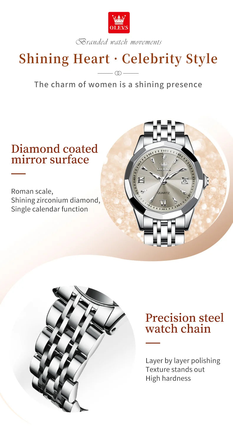 OLEVS Elegant Fashion Ladies Watches 9998 Original Quartz Women's Watches Waterproof Stainless Steel Luminous Date Wristwatch.