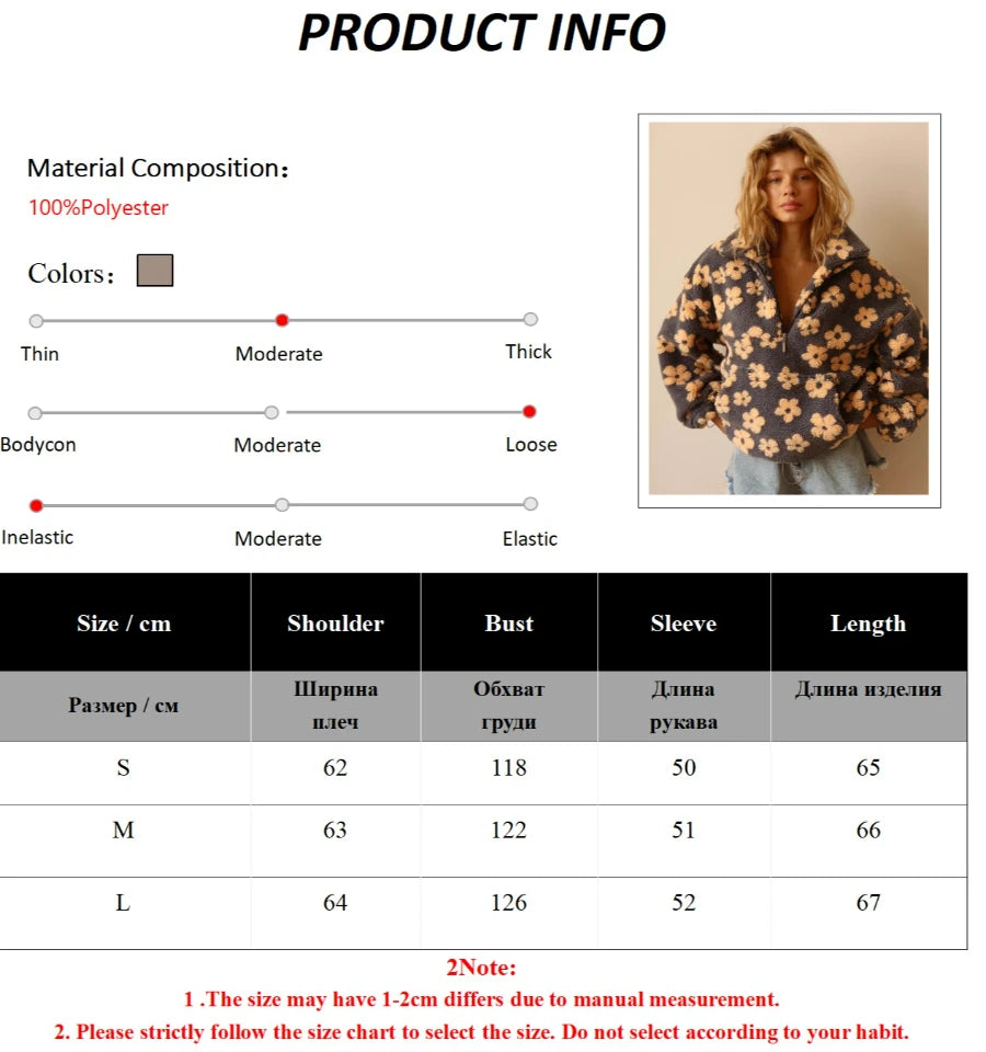 Sumuyoo Autumn Winter Women's Sherpa Floral Pullover Hoodies Half Zip Style Loose Fit Warm Stylish New Sweatshirt.