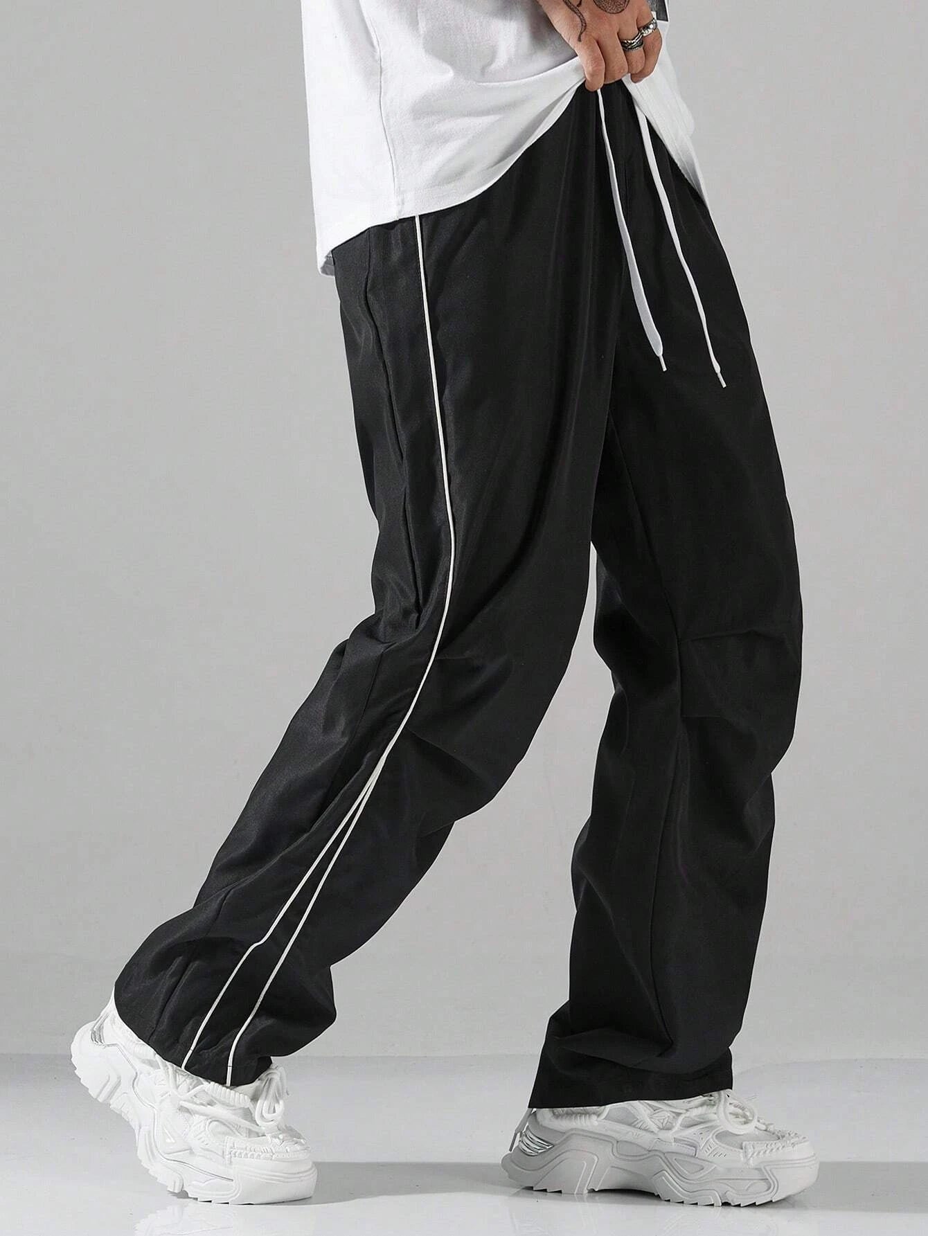 Larbulse Men Contrast Trim Trouser Fashion Casual Pants Solid Color Breathable Loose Straight Drawstring Pants Streetwear.