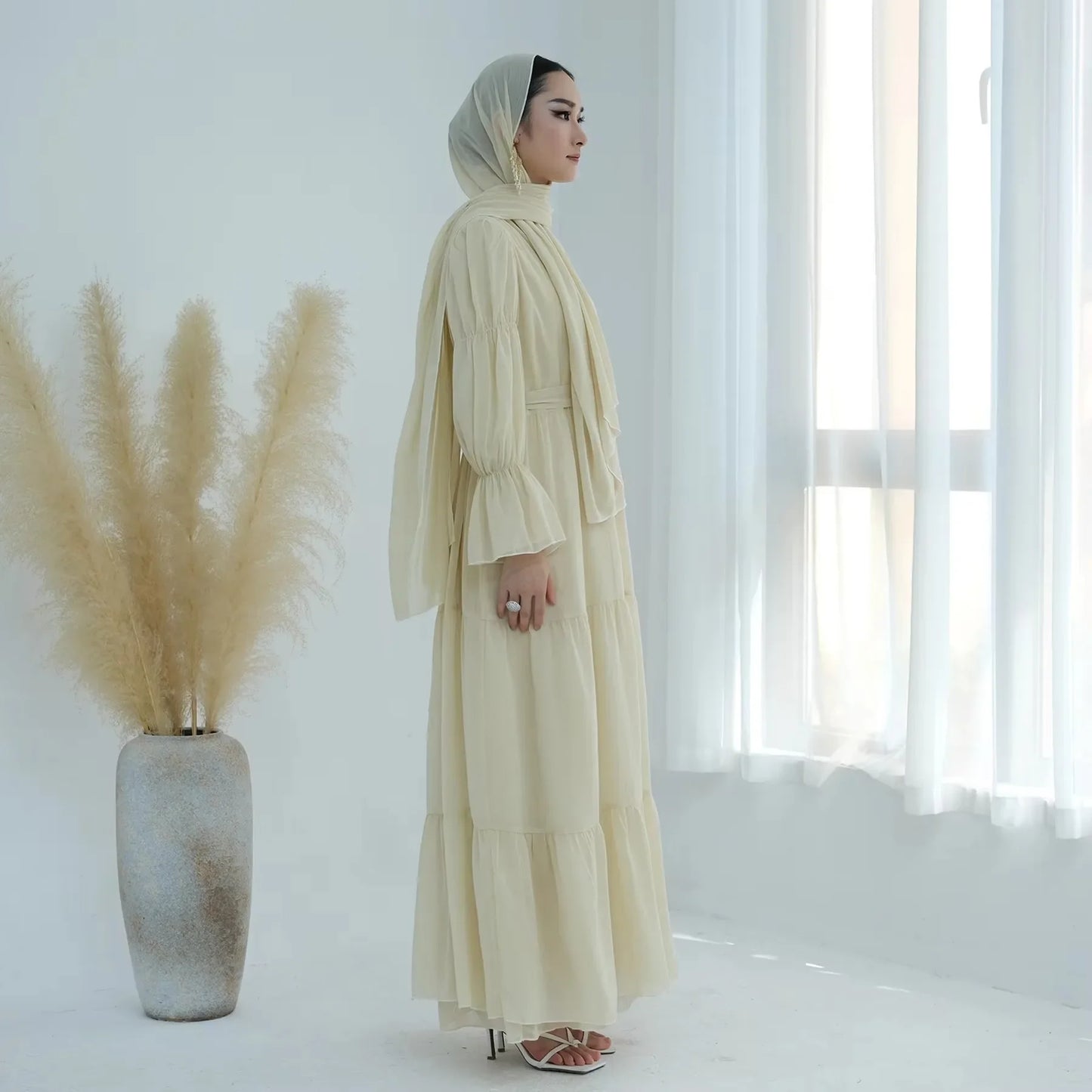 Chiffon Sheer Open Abaya Set Hijabi Muslim Women Party Ramadan Islamic Clothing  Dubai Turkey Kaftan Crepe Kimono Open Abayas.