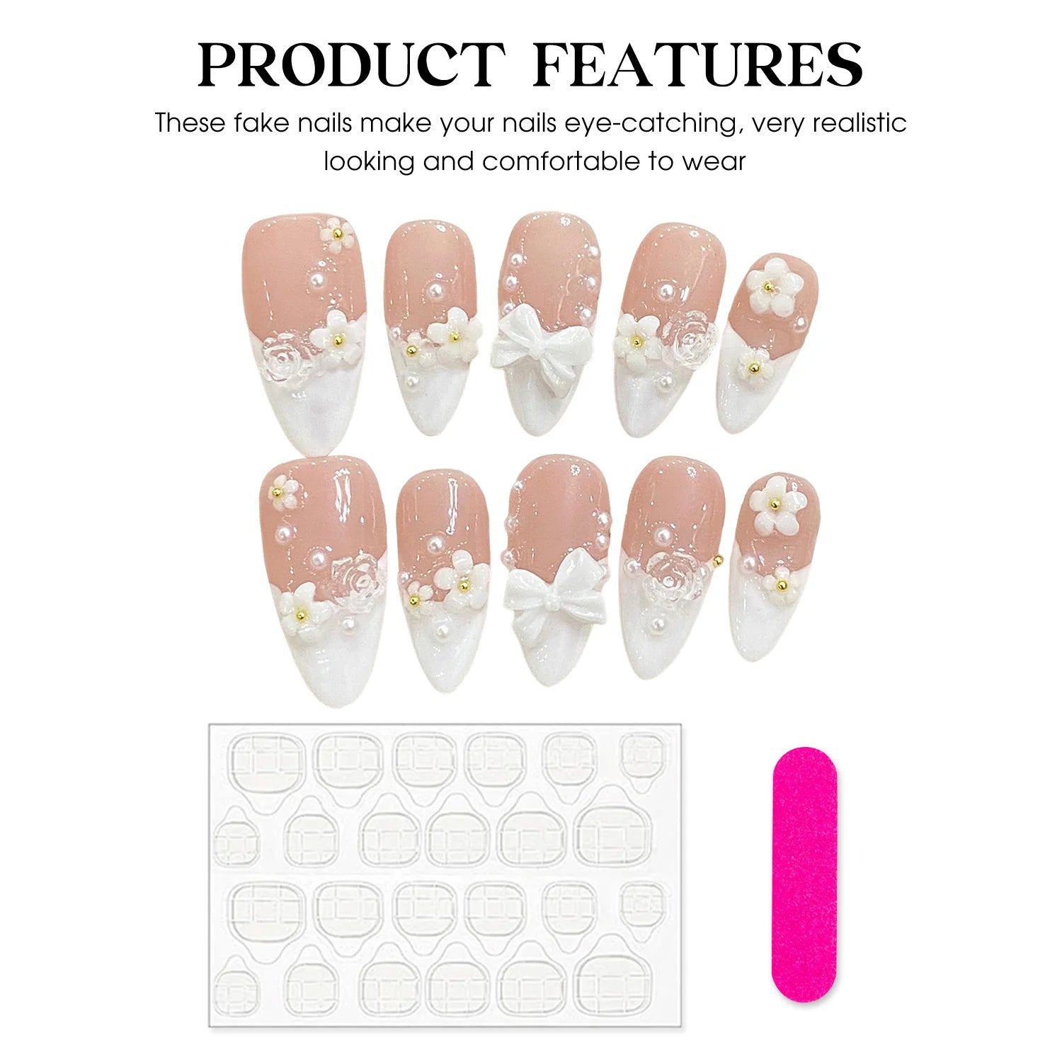 10pcs 3D Bowknots Press On Nails Handmade Almond White French Style Fake Nail Cute Flower Designs INS Korean Wearable Manicure.