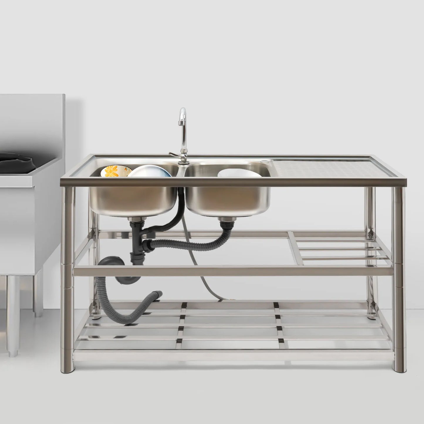 Freistehende Edelstahl Doppels ch üssel gewerbliche Küchen spüle Set mit Wasserhahn Abtropffläche mit/Werkbank & Doppel regale
