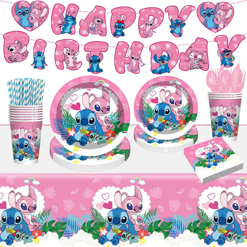 Disney Lilo Stitch Geburtstag Party Dekoration Kinder Stitch Thema Geschirr Set Engel Luftballons Happy Banner Zubehör für Mädchen zugunsten.