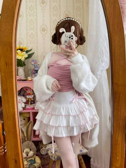 Japanese Kawaii Lolita Style Pleated Skirts Women High Waist Pink Bandage Fairy Y2k Aesthetic Skirt Cute Faldas Mujer Moda 2024