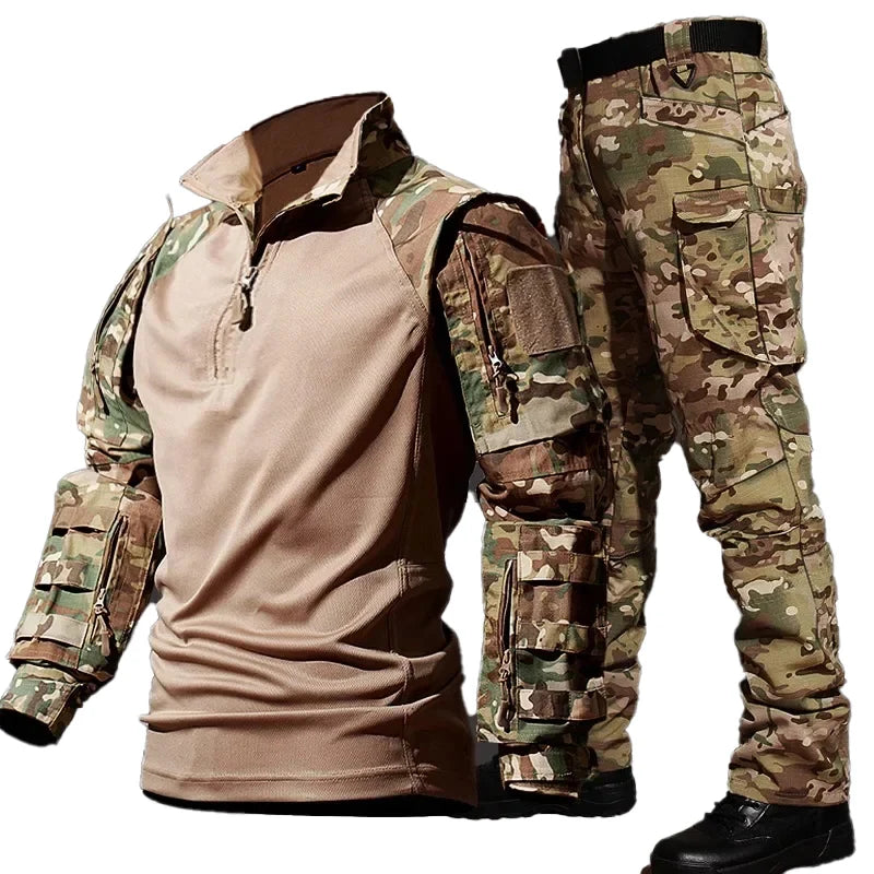 Autumn Tactical Sets Men Outdoor Breathable Short Sleeve Tshirt+Waterproof Straight Pant 2 Pcs Suits Camo Multi-pocket Cargo Set