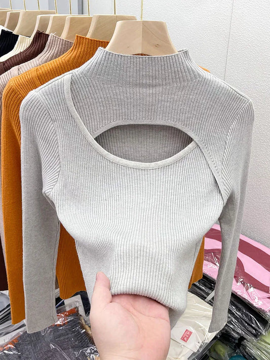 2025 weibliche Casual Pullover Herbst Winter Sexy Aushöhlen Frauen Pullover Schlank Vintage Jumper Weiche Warme Pull Gestrickte Pullover Tops