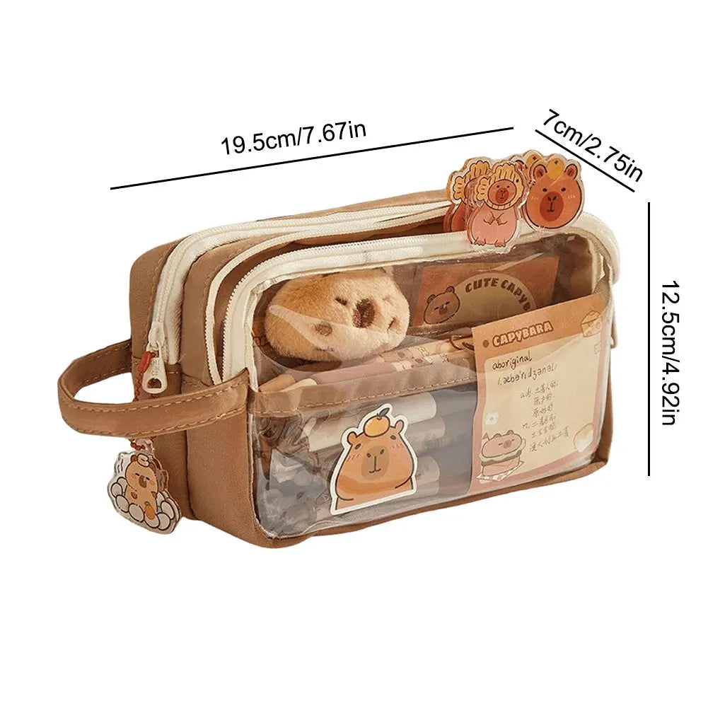 Capybara Kawaii Pencil Case with Compartments Stationary Bag Clear Pen Bag with Sticker Pendant for Office College School.