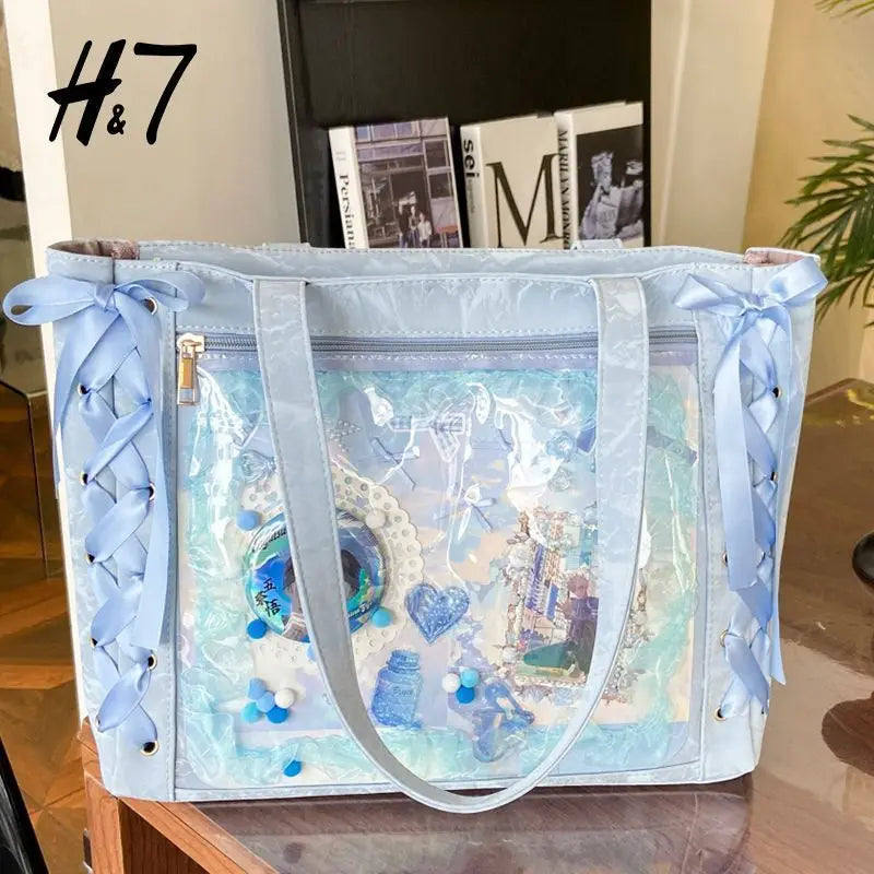 New Versatile Fashion Ribbon Itabag Large Capacity Green Large Food Anime Millet Bag Daily One Shoulder Tote Bag.