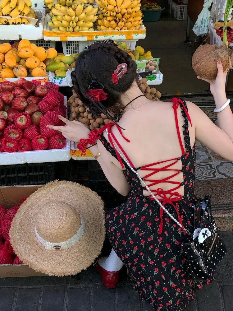 Koreanische Kleid Frauen Süße Bogen Bandage Ärmellose Backless Robe Femme Floral Mode Sommer Mini Kleider 2025, Vestidos De Mujer.