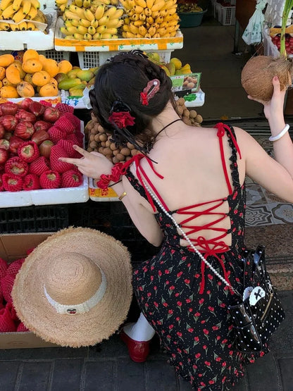 Koreanische Kleid Frauen Süße Bogen Bandage Ärmellose Backless Robe Femme Floral Mode Sommer Mini Kleider 2025, Vestidos De Mujer.