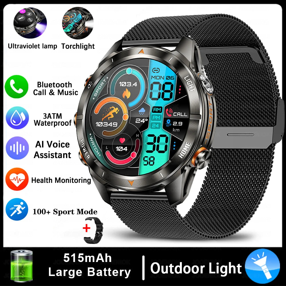 New Outdoor Sport Smart Watch Men 1.46" AMOLED Screen LED Flashlight 515mAh Battery 10ATM Waterproof Bluetooth Call Smartwatch