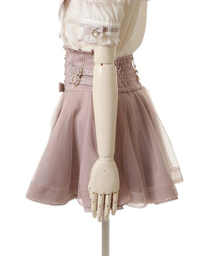 Japanese Liz New Summer Lace Edge Leather Ring High Waist Pleated Skirt Ribbon Bow All-match Short Skirts Big Bow Lolita Blouses