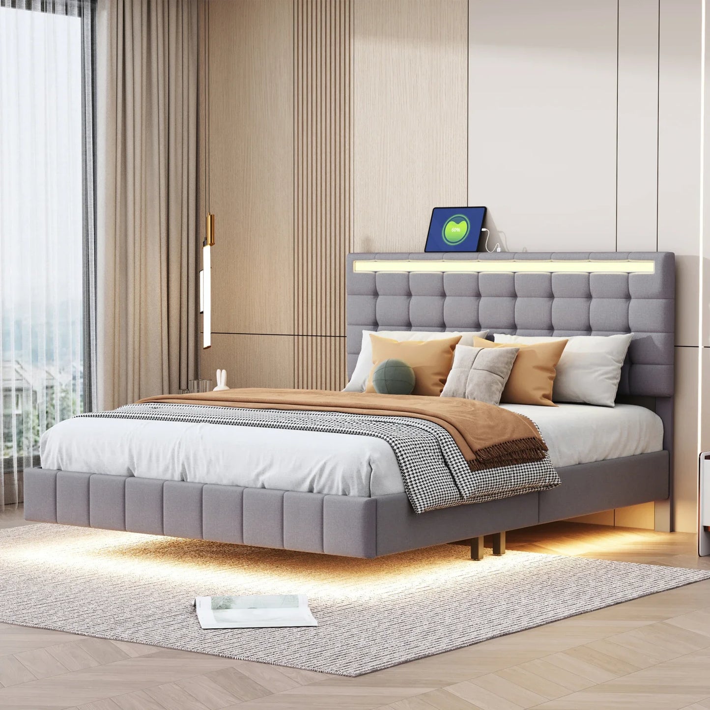 Rosahqnda Polsterbett 160 x 200 cm, Doppelbett mit LED- und USB-Anschluss, schwebender Bettrahmen, Beige, Leinen