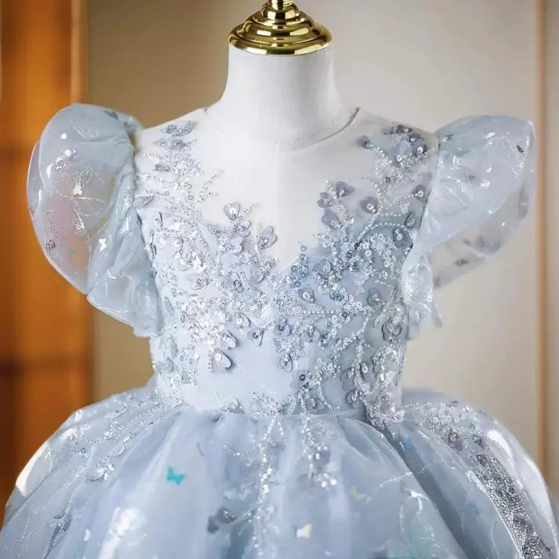 Blütenblattärmel Kleid Pailletten Mädchen Prinzessin Kleider Klavier Performance Kleider Teenager Kleidung Fliegende Ärmel Tutu Ballkleid.