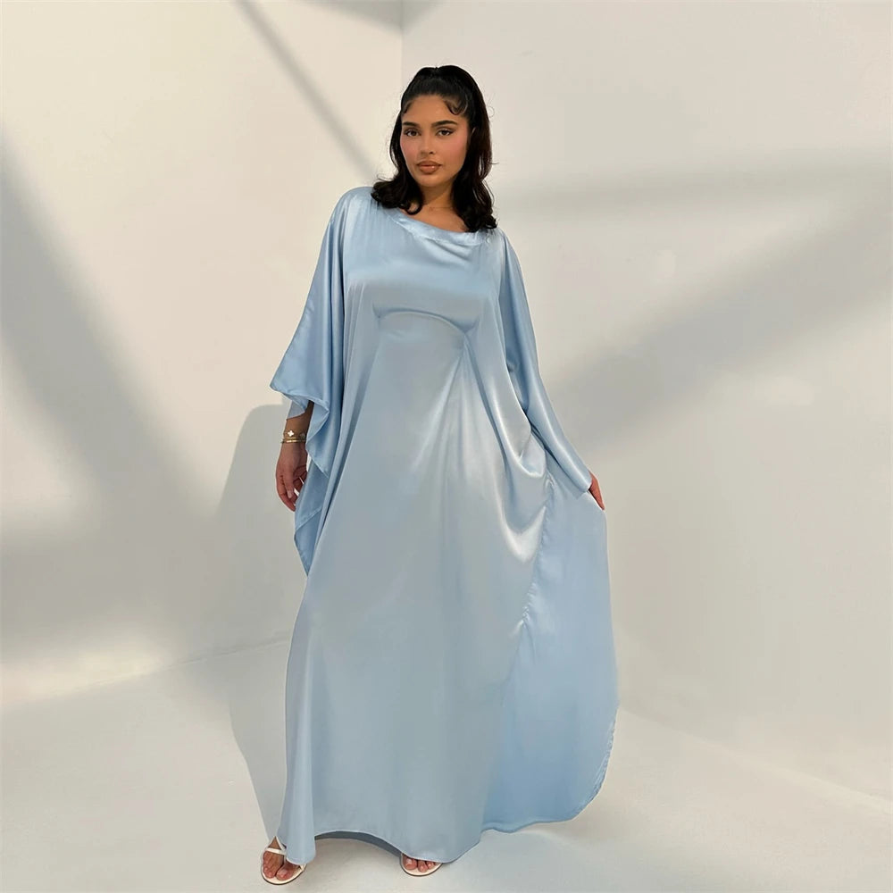 Eid glänzende Fledermaus Satin Abaya Dubai Luxus muslimische Abayas für Frauen Maxi Kaftan Kleid islamische Kleidung Kaftan Marocain Femme.
