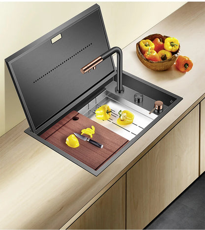 Nanometer Black Hidden kitchen Sink SUS 304 Stainless Steel 4mm Thickness Flip Cover Hidden Handmade kitchen Sinks