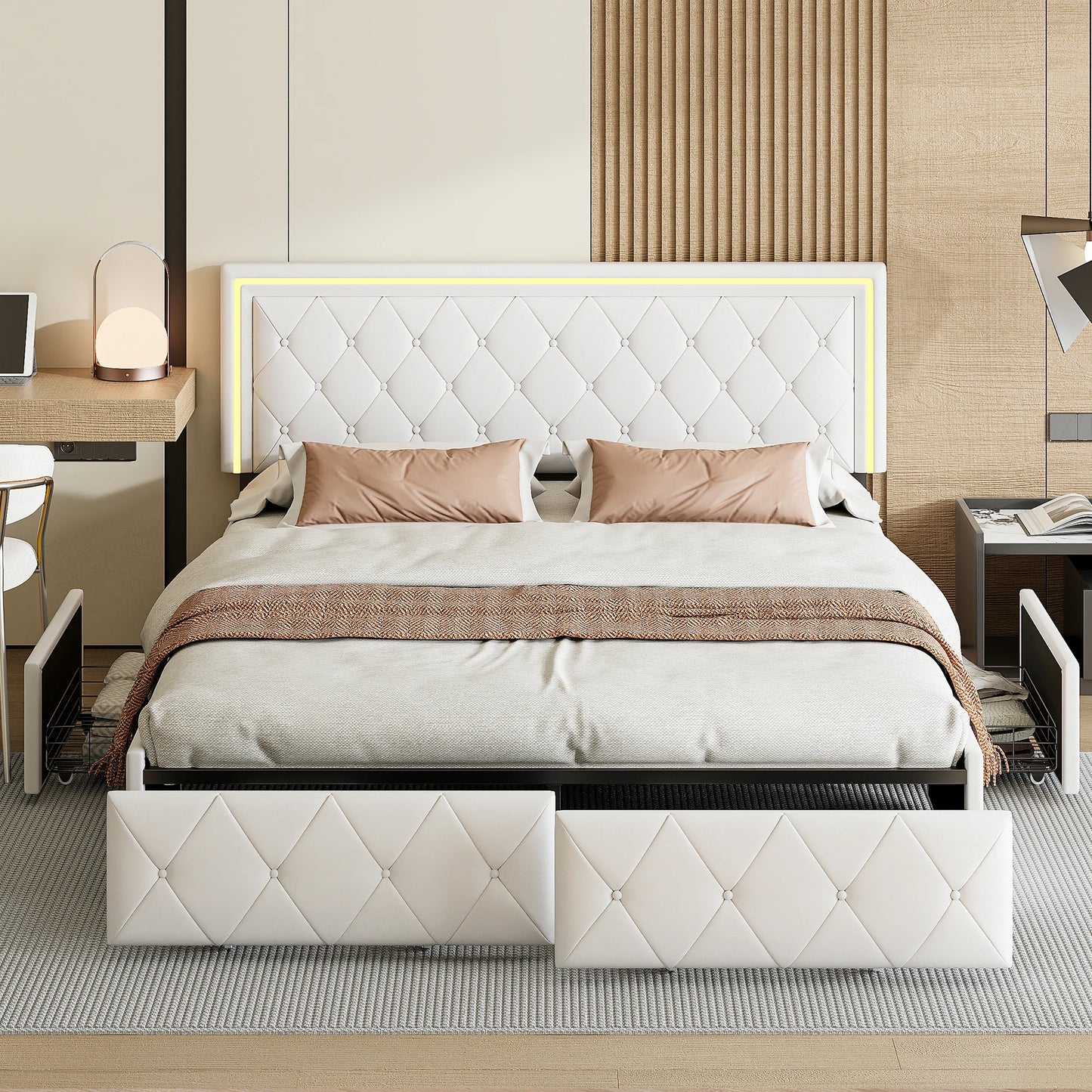 Lazyspace PU-Polsterbett, weißes Einzel- und Doppelbett mit Lattenrost, Holz, mit 4 Schubladen und LED-Kopfteil