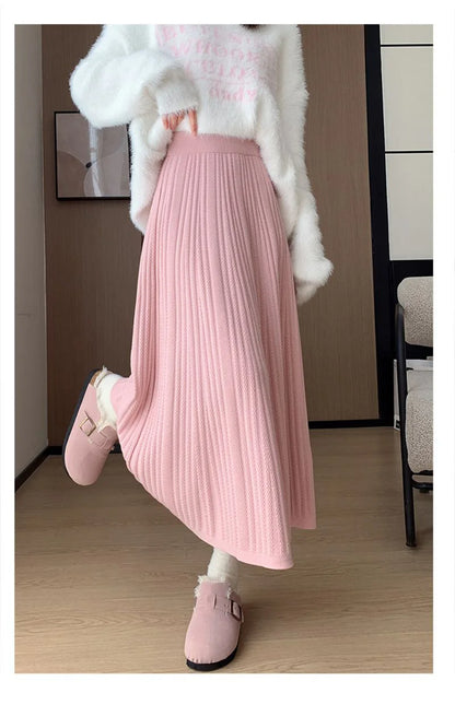Sweet Vintage Knitted Long Skirts Women Preppy Style High Waist Loose A Line Skirts Fall Winter Retro Simple Elegant Long Skirts.