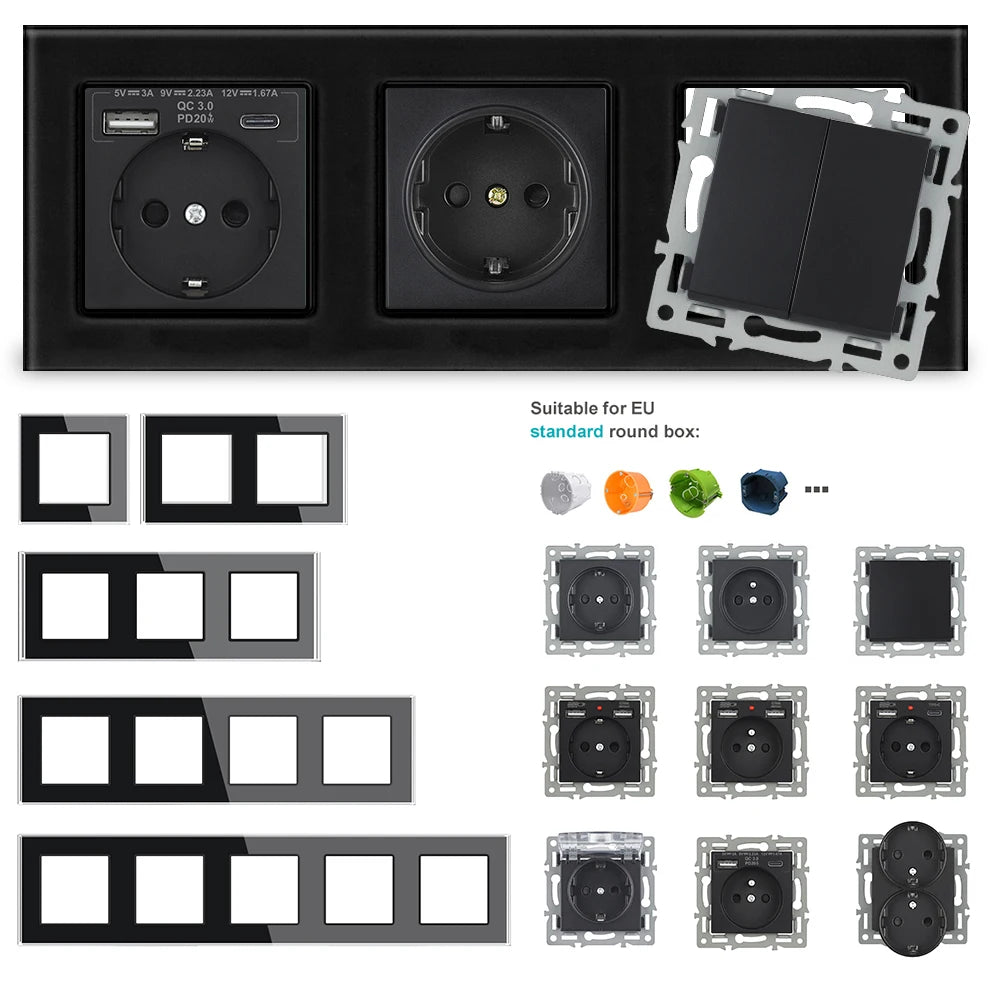 SRAN F6 Serie mehrere Rahmen schwarze Panel aus gehärtetem Glas, EU FR UN-Steckdosen und Schalter Dimmer-Lüfter-Fußlampe Rj45 RJ11Module DIY.