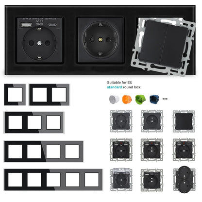 SRAN F6 Serie mehrere Rahmen schwarze Panel aus gehärtetem Glas, EU FR UN-Steckdosen und Schalter Dimmer-Lüfter-Fußlampe Rj45 RJ11Module DIY.