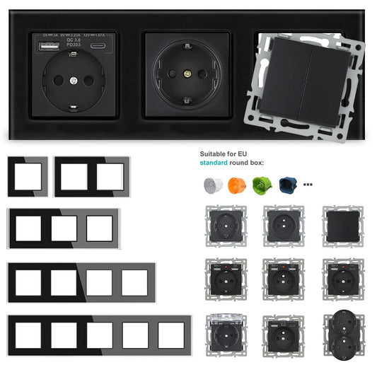 SRAN F6 Serie mehrere Rahmen schwarze Panel aus gehärtetem Glas, EU FR UN-Steckdosen und Schalter Dimmer-Lüfter-Fußlampe Rj45 RJ11Module DIY.
