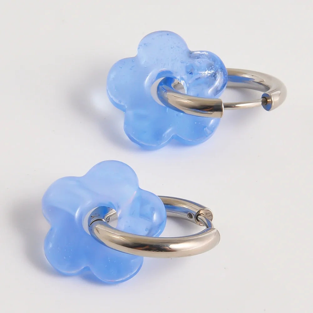 Colorful Flower Glass Drop Charms Earring Gold Color Circle Ear Buckle Hoops Stainless Steel Earrings Fashion Jewelry for Women