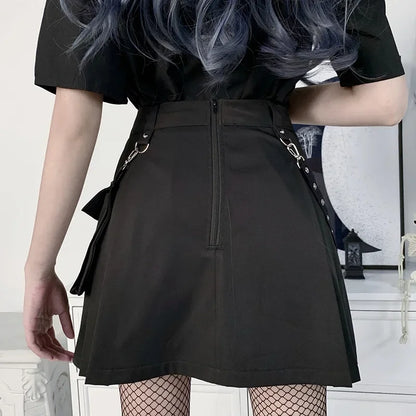 Harajuku Punk Gothic Black High Waist Black Skirts Women Sexy Patchwork Bandage Mini Female Streetwear Black Skirt.