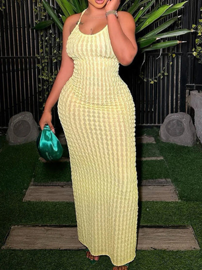 Sexy Streifen Rippen Stricken Schlank Bodycon Maxi Kleid Frauen Ärmellose Backless Lange Popcorn NDress Elegante Club Party Vestidos
