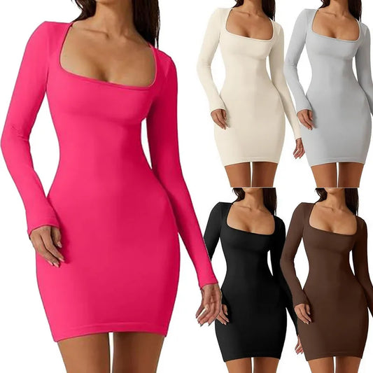 Wpnaks Frauen Bodycon Kleid Frühling Herbst Kleidung einfarbig sexy Langarm quadratischen Hals schlanke Mini kleid Club Streetwear