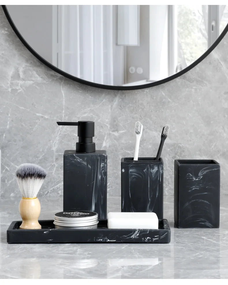 Bathroom Accessories Complete Marble Pattern Lotion Soap Dispenser,Toothbrush Holder,Tumbler,Tray Resin material Black white.
