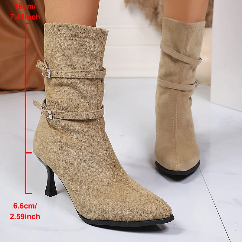 Pointed Toe High Heel Ankle Boots Women Fashion Buckle Decor Stiletto Heel Boots Woman Autumn Winter Slip On Short Booties Mujer.
