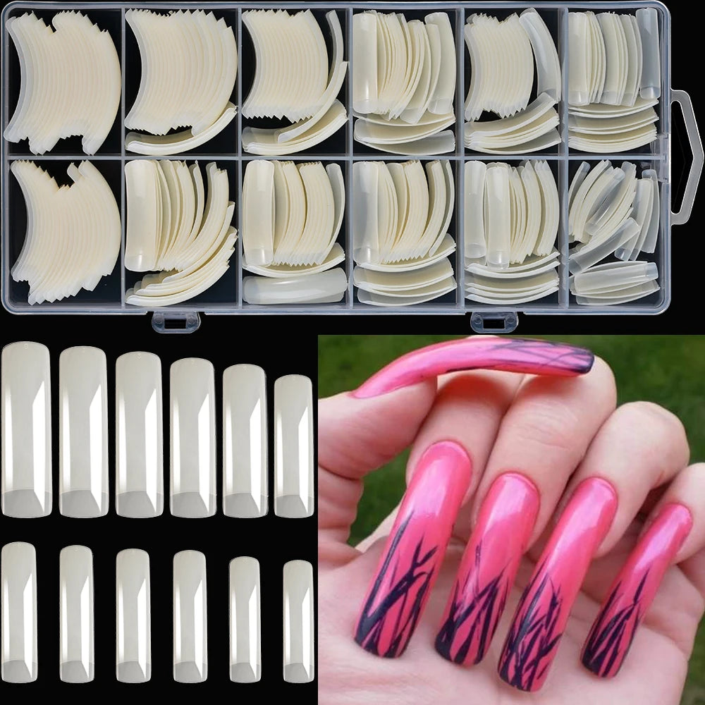 240Pcs/Box Extra Long Bend False Nails 12-Sizes Full Cover Press On Nail Clear/White/Black Building Extension Fake Fingertips *&.