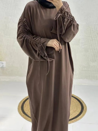Muslim Women Arabic Dubai Abaya Drawstring sleeves Long Dress Modest Ramadan Kaftan Robe Femme musulmane Islam Clothing Kebaya.