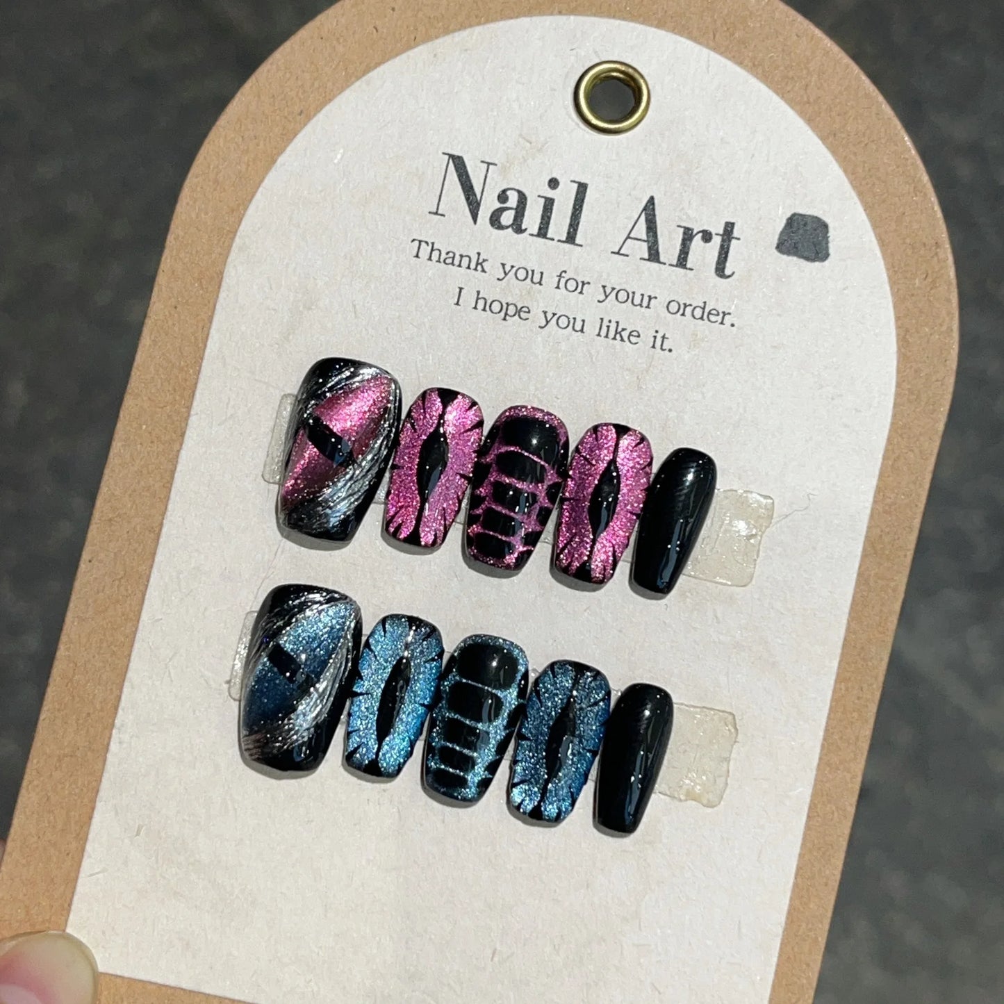 10pcs Black Press on Nails Medium Coffin Sliver Swirl Y2k Fake Nails with Glue Acrylic False Nails Press Ons Full Cover Nail Tip.