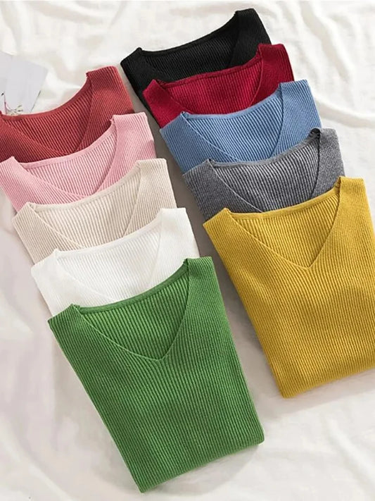 2025 mode V-ausschnitt Elastische Grundlegende Top Neue Frauen Pullover Herbst Winter Langarm Pullover Weibliche Winter Solide Strick Jumper