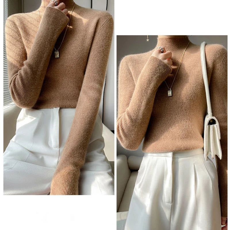 MEXZT Solide Pullover Frauen Hälfte Rollkragen Gestrickte Pullover Harajuku Koreanische Dicke Strickwaren Herbst Winter Mode Schlank Jumper